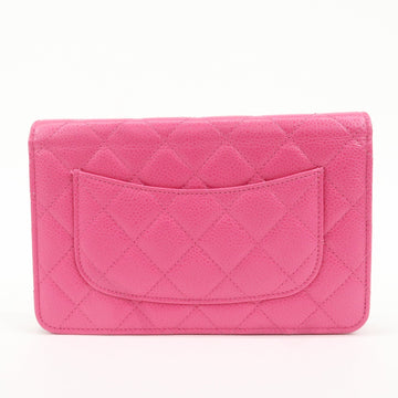 CHANEL Matelasse Caviar Skin Chain Wallet Purse Pink Silver AP0250 Used