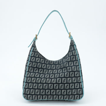 FENDI Zucchino Canvas Leather Shoulder Bag Black White Blue 8BR158 Used