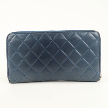 CHANEL Matelasse Lamb Skin Round Zippy Long Wallet Navy Silver HDW Used