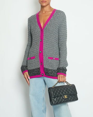 Chanel Metallic Thread Black, White Tweed igan with Purple Trim, Sequin Embellished and Crystal Button Detail Size FR 34 (UK 6)