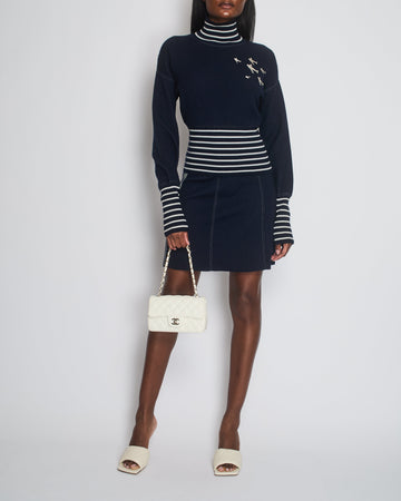 *HOT* Chanel Airline Collection Navy Cashmere Jumper and Mini Skirt Set with Silver Logo Airplane Appliqu?©s Size FR 38 (UK 10)