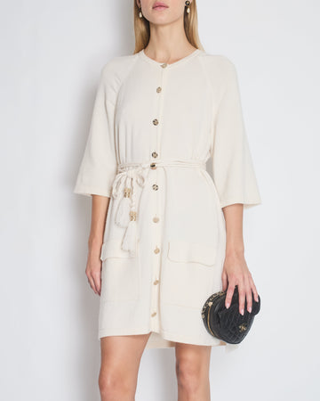 Chanel Cream Long Line Round Neck igan with Belt and Pocket Detail Size FR 46 (UK 18)