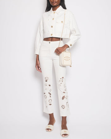 Chanel 24P White Denim Straight Leg Jeans with Pockets and Cut Out Floral Embroidery Size FR 36 (UK 8) RRP ¬£2750