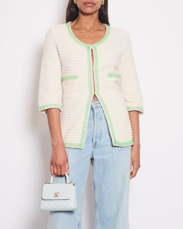 Chanel Cream Cashmere Belted igan With Lilac & Green Woven Trim and Pearl Details Size FR 42 (UK 14)
