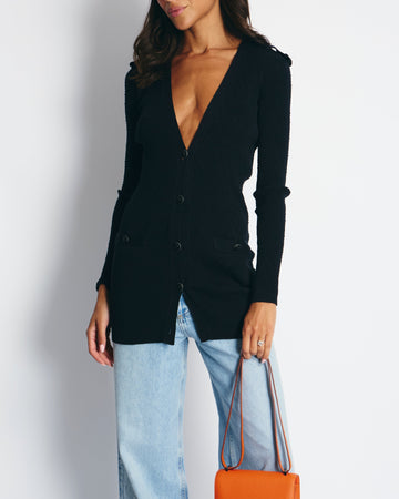Chanel 16P Black Ribbed igan with Shoulder Button Detail FR 34 (UK 6) RRP ¬£2,450