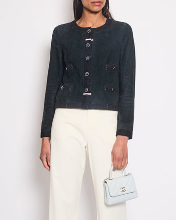 Chanel Navy Suede CC Button Up Jacket With Blue Tweed Trim & Pocket Detail Size FR 38 (UK 10)