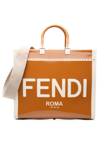 FENDI Signature Sunshine SSru Canvas and Light Brown Patent Leather Medium Shopper Tote Bag (New)