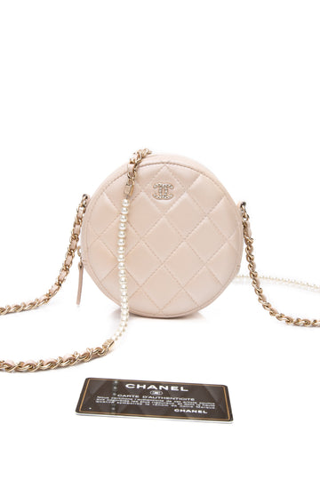 CHANEL Beige Iridescent Calfskin Quilted Round Pearl Chain Crossbody Bag