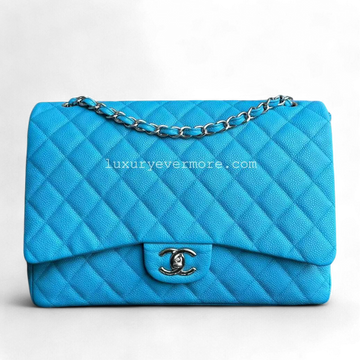 BALANCE of Maxi Classic Flap Caviar Double Flap Quilted Grained Calfskin Blue Silver Hardware Series 17