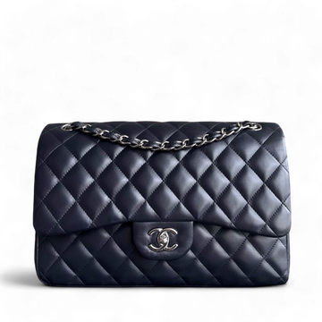 Chanel Classic Flap Jumbo - Double Flap Lambskin 30CM Quilted Dark Navy Blue Silver Hardware Series 16