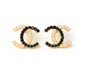 Chanel Earrings CC Mark Pearl Motif Rhinestone Black/Gold