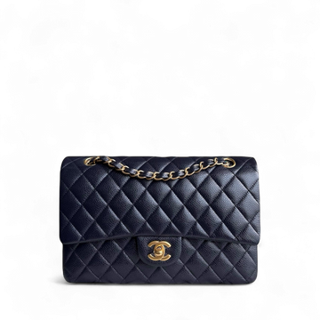 Chanel Classic Flap Medium - Caviar 25CM Quilted Grained Calfskin Dark Navy Midnight Blue Gold Hardware Series 21