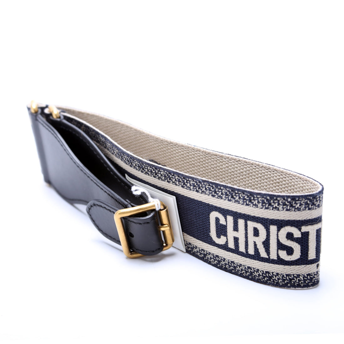 Embroidered Wide Canvas Waist Belt Size L Navy/Beige