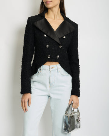 *HOT* Chanel 19K Black Metallic Tweed Cropped Blazer with Satin Collar and Snowflake Buttons Details&nbsp; Size FR 38 (UK 10) RRP ¬£5,800