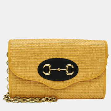 Yellow Raffia Small  Horsebit 1955 Curved Flap Shoulder Bag