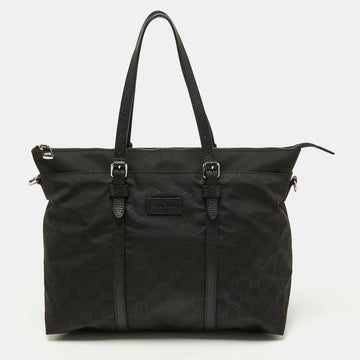 Black GG Nylon and Leather Top Zip Tote
