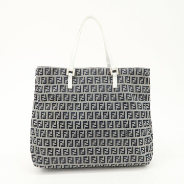 FENDI Zucchino Canvas Leather Tote Bag Hand Bag White Navy 8BH019 Used