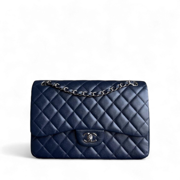 Chanel Classic Flap Jumbo - Caviar Double Flap 30CM Quilted Dark Navy Blue Silver Hardware Series 19