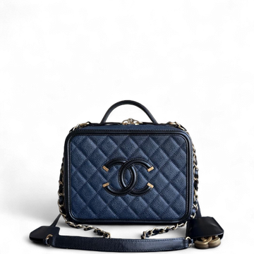 Chanel Filigree Vanity Case Medium - Caviar 21CM Grained Calfskin Dark Navy Blue Gold Hardware Series 23