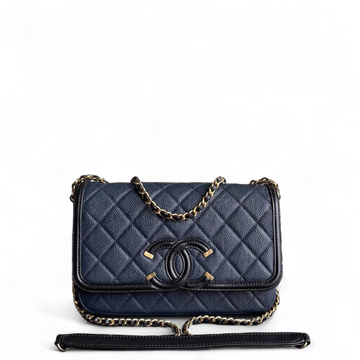 Chanel Filigree CC Small - Caviar Quilted Grained Calfskin Dark Navy Blue Black Gold Hardware Series 23