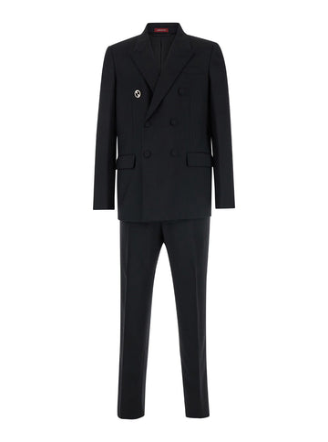 Gucci Men Black Double-Breasted Suit With Logo Pin In Wool Man