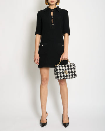 Chanel 23P Black Terry Fabric Short Sleeve Dress with Pearl CC Buttons Detail Size FR 34 (UK 6) RRP ¬£3000