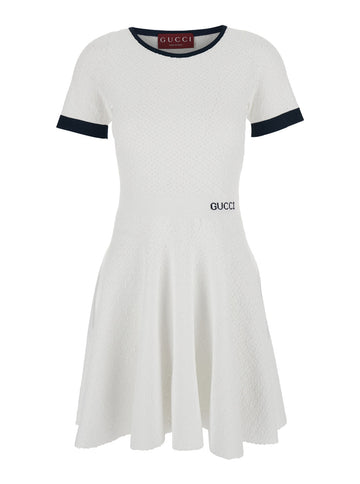 Gucci Women White Flared Dress With Logo Lettering Embroidery On The Front In Viscose Blend Woman