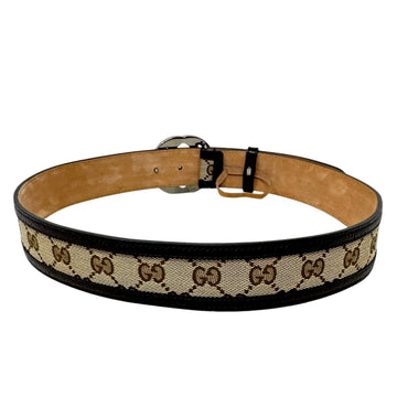 CS Supreme Leather Trimmed Interlocking G Buckle Belt Luxury Designer By Gucci In Brown Monogram Canvas/Leather, Size: Small