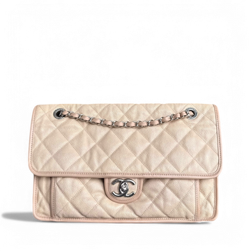 Chanel French Riviera Jumbo - Caviar 33CM Quilted Beige Silver Hardware Series 17