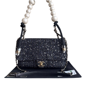Chanel Classic Seasonal Flap Medium - Tweed Pearl Chain Black Gold Hardware Series 27