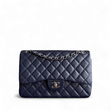 Chanel Classic Flap Jumbo - Caviar Double Flap 30CM Quilted Grained Calfskin Dark Blue Silver Hardware Series 19