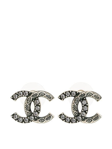 CC Logo Vintage Crystal Earrings Silver Chanel