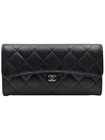 Chanel AP0241 Black Caviar Silver CC Logo Classic Long Flap Wallet Chanel
