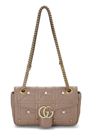 Gucci, Beige Leather & Faux Pearl CS Marmont Shoulder Bag Small, Beige