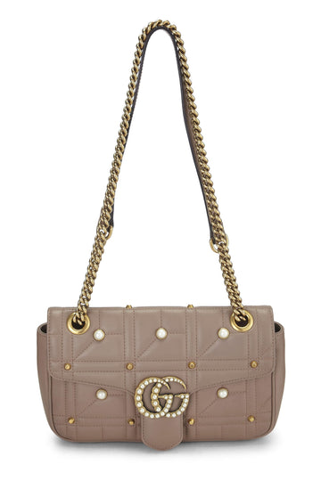 Gucci, Pink Leather & Faux Pearl CS Marmont Shoulder Bag Small, Beige
