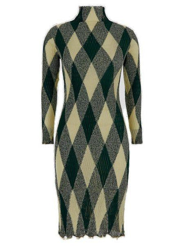BURBERRY High-Neck Slim Fit Argyle Motif Dress
