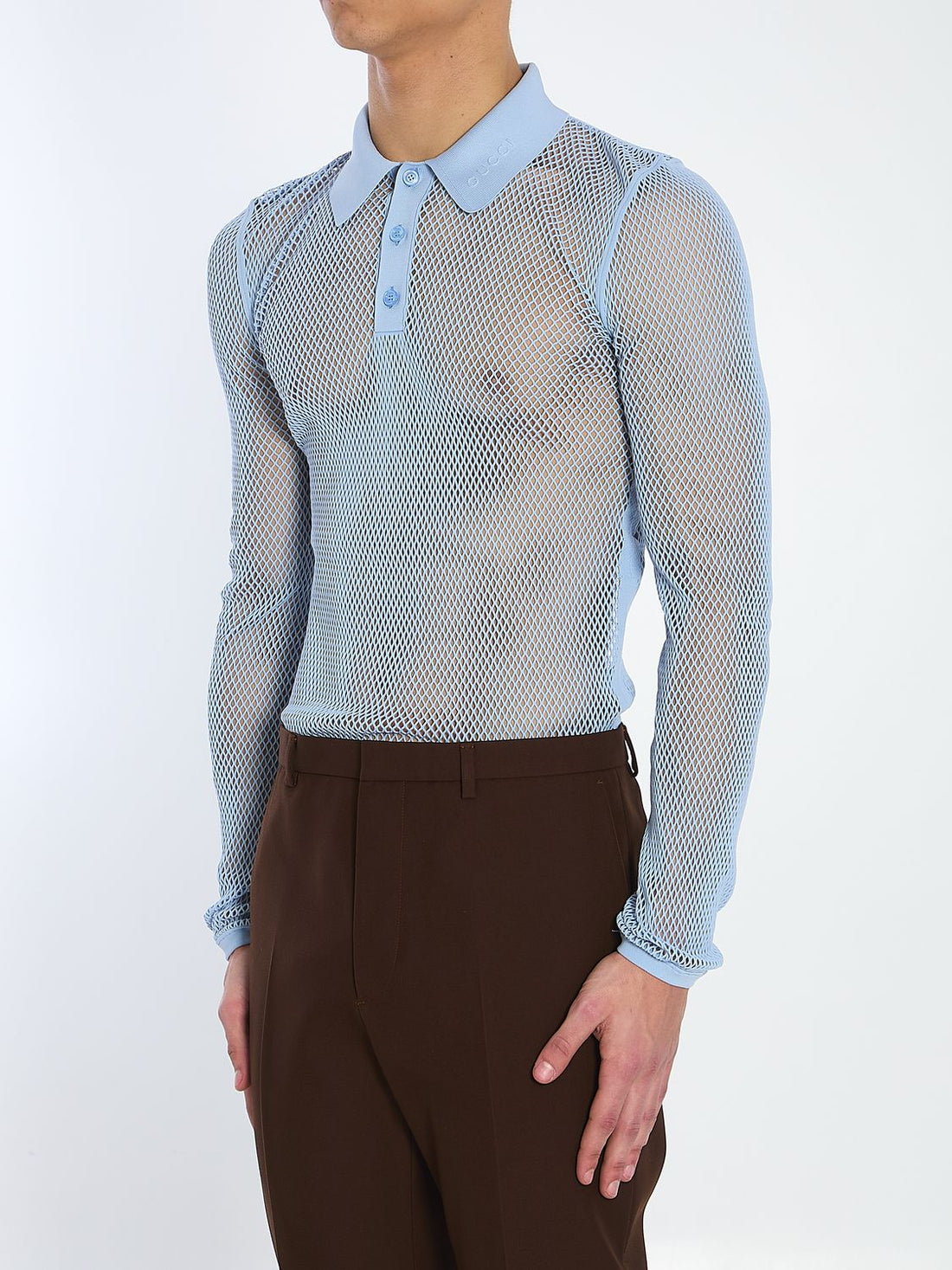 GUCCI Men's Fitted Long-Sleeve Technical Mesh Polo Shirt