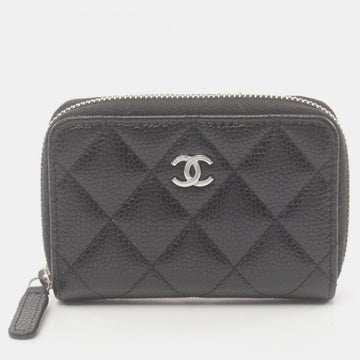 Black Leather Quilted Caviar Zip Coin Purse