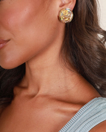 Chanel 97P Vintage Round Iridescent with Gold CC Logo, Cam?©ila & Shoe Detail Clip-On Earrings