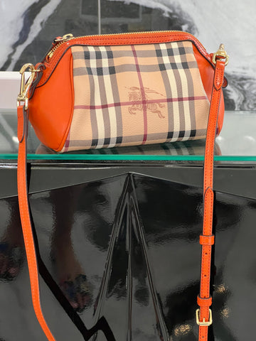 BURBERRY BURNT AMBER HAYMARKET CHSSK MINI BLAZE CROSSBODY BAG