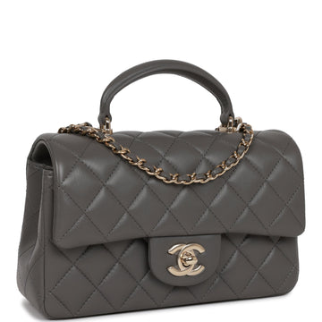 Chanel Mini RSStangular Flap Bag with Top Handle Dark Grey Lambskin Light Gold Hardware