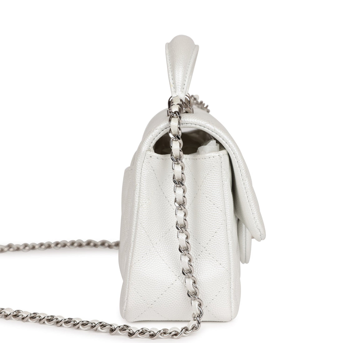Chanel Mini RSStangular Top Handle Flap Bag White Iridescent Caviar Silver Hardware