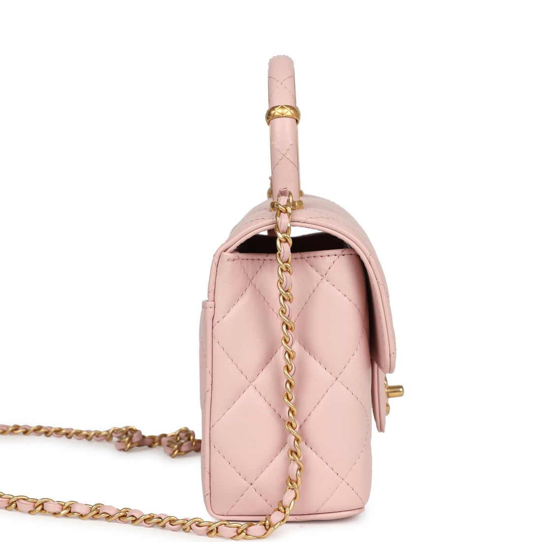 Chanel Mini Square Top Handle Flap Light Pink Lambskin Antique Gold Hardware