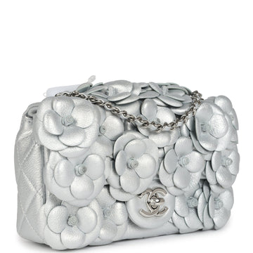 Chanel Mini RSStangular Camellia Flap Bag Silver Lambskin Silver Hardware