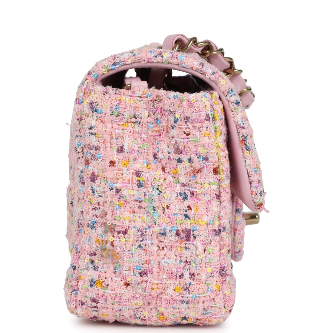 Chanel Mini Classic RSStangular Flap Bag Pink Tweed and Sequin Light Gold Hardware