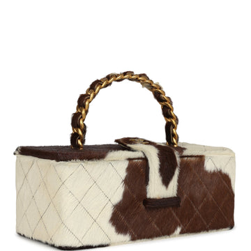New Chanel RSStangular Vanity Box Brown and White Cow Print Pony Hair Antique Gold Hardware