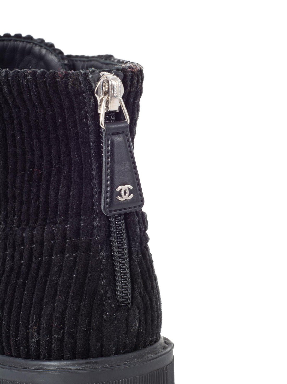 Chanel CC Logo Pearl Lace Up Corduroy Boots Black