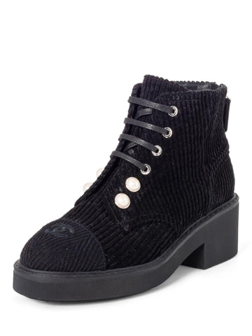 Chanel CC Logo Pearl Lace Up Corduroy Boots Black