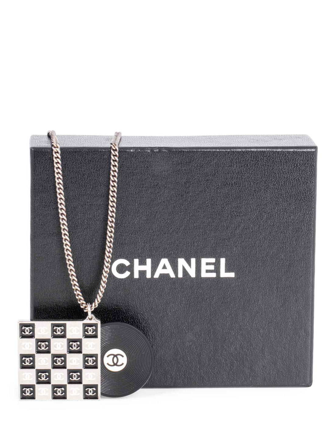 Chanel CC Logo Record Player Silver Necklace Black