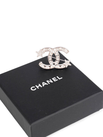 Chanel  CC Logo Swarovski Crystal Star Pin Brooch Silver